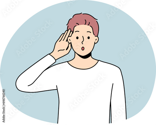 Young man make hand gesture listening to news on information. Confused male wonder about gossip or hearsay. Vector illustration.