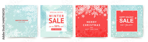 Winter holidays square banner templates with Christmas tree branches and snowflakes. Winter sale on social networks. Vector for greeting card, mobile app, design social media post, poster, flyer  photo