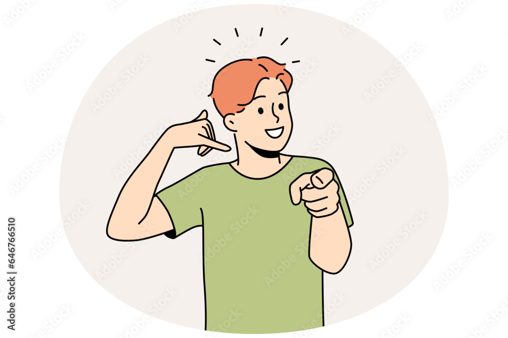 Smiling guy making hand gesture asking to call back. Happy man demonstrate callback sign. Nonverbal communication. Vector illustration. Smiling guy making hand gesture asking to call back. Happy man demonstrate callback sign. Nonverbal communication. Vector illustration.