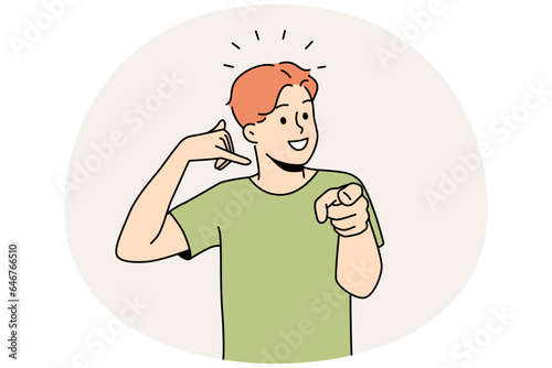 Smiling guy making hand gesture asking to call back. Happy man demonstrate callback sign. Nonverbal communication. Vector illustration.