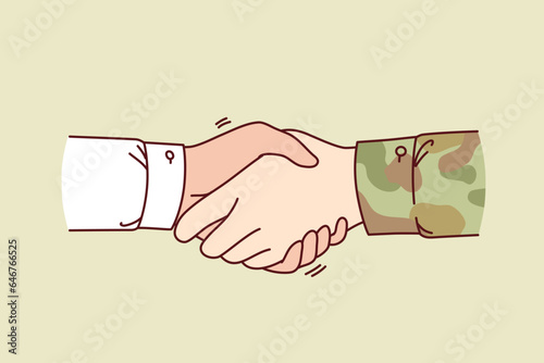Handshake between soldier and civilian symbolizing support of military after returning from hostilities. Hands of officer and manager at moment of handshake, for concept collaboration with army