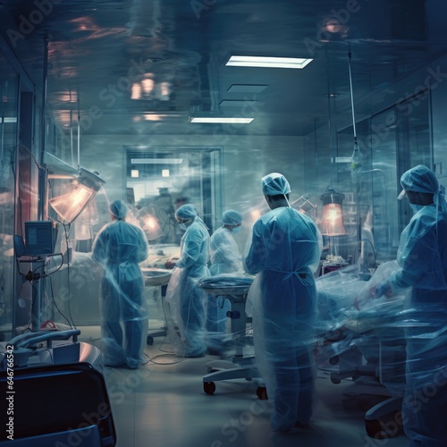 Blurred background with a team of doctors at work in an operating room or laboratory with employees standing with their backs, dark key created by AI.