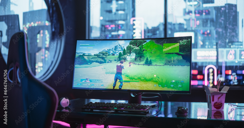 Fototapeta premium Empty Futuristic Cyberpunk Room with Neon Lights with a Professional Gaming Station. Ultra Wide Curved Monitor with Shooter Video Game Standing on a Stylish Glass Table