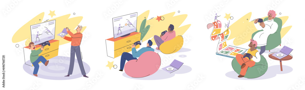 Game together. Family fun. Friendship time. Vector illustration. People playing games together create positive and uplifting environment Family time centered around playing games strengthens family Game together. Family fun. Friendship time. Vector illustration. People playing games together create positive and uplifting environment Family time centered around playing games strengthens family