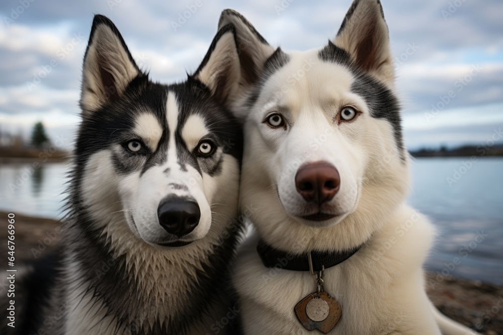 Selfie portrait of two husky dogs Selfie portrait of two husky dogs