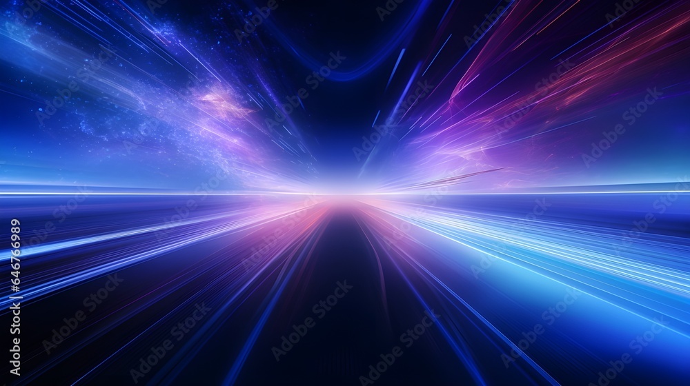 High-speed blur zoom effect, neon color motion on a speedway, panoramic high-speed technology concept, lights abstract background. Sci-fi illustration with neon lights and road. Generative AI.