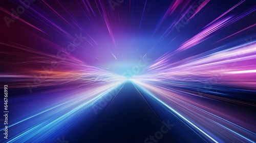 High-speed blur zoom effect  neon color motion on a speedway  panoramic high-speed technology concept  lights abstract background. Sci-fi illustration with neon lights and road. Generative AI.