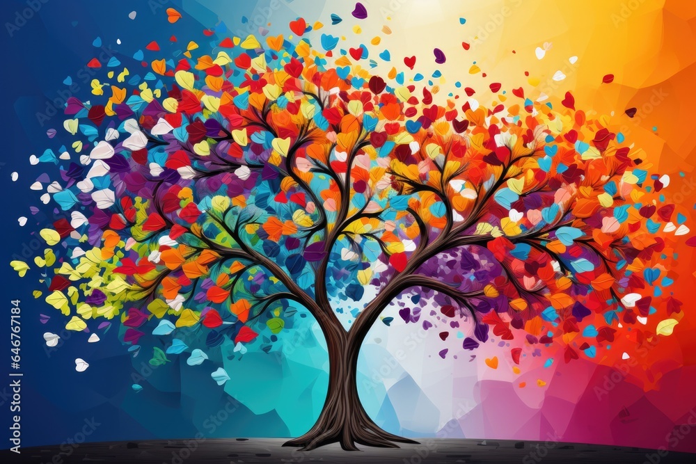 A vibrant tree adorned with heart-shaped decorations