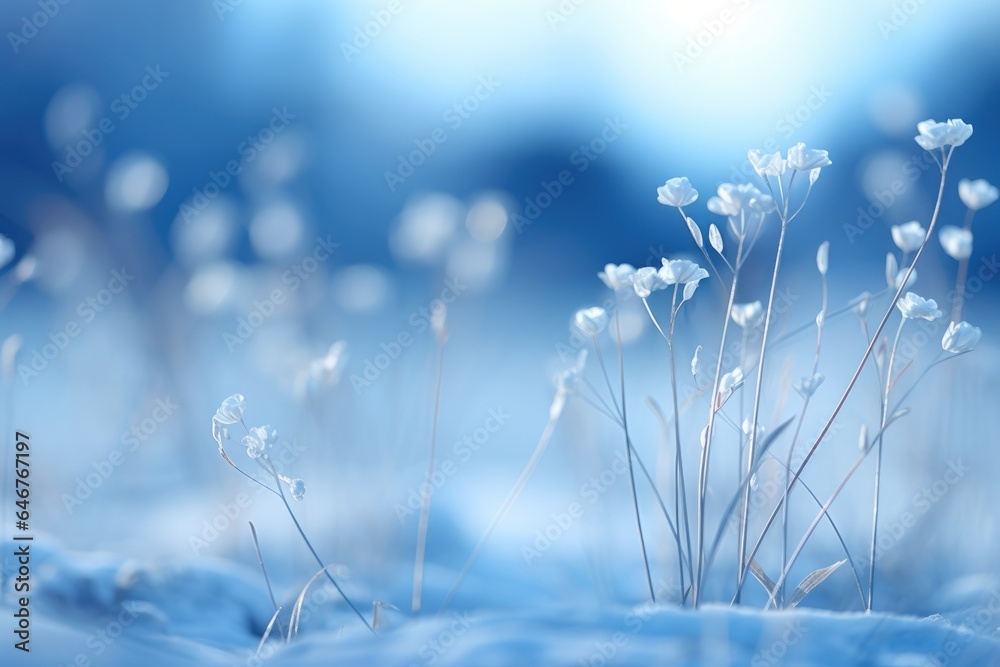 A snowy landscape with delicate white flowers peeking through