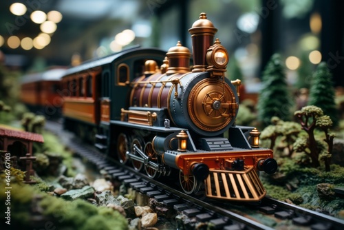 Toy Train Set Winding Through A Detail Railroad, Generative AI