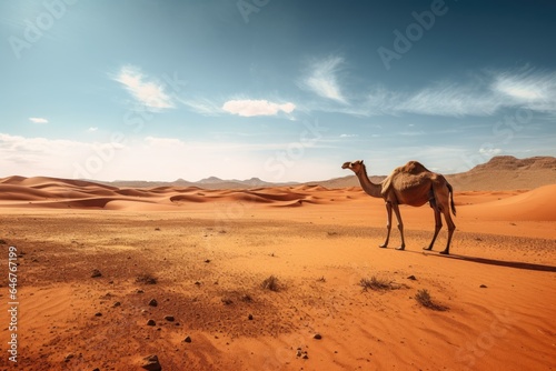 a landscape photo of a vast desert landscape  with a lone camel
