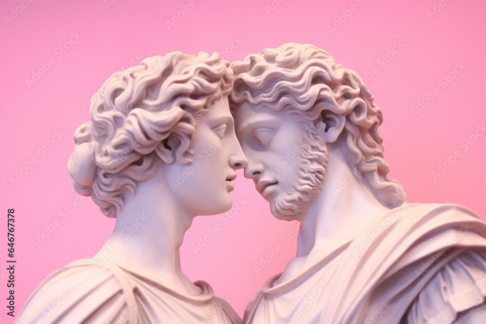 Concept of love. Male and female statues touch each other with tenderness and love.