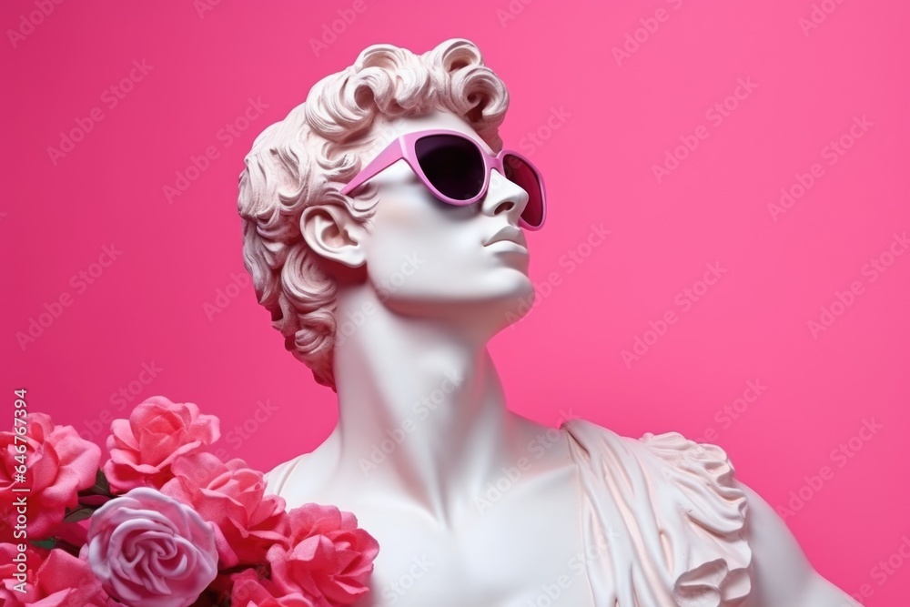 Greek statue of Apollo wearing pink glasses with a bouquet of roses on a pink background.
