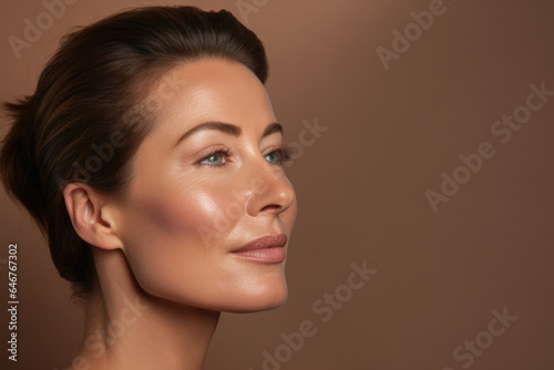 Close-up portrait of a forty-year-old brunette with a well-groomed skinned face against a brown background.