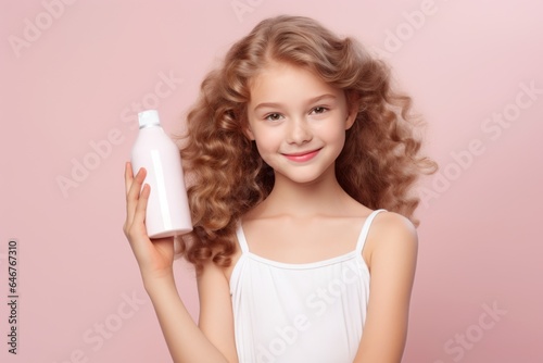 Portrait of a cute young brown haired young woman with curly hair holding a bottle of body lotion.