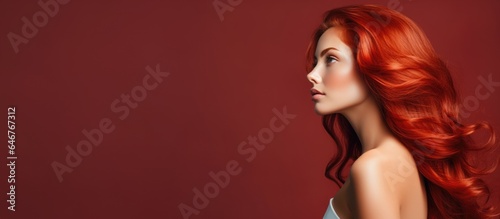 Portrait of attractive red-haired girl with luxurious long hair against red background.