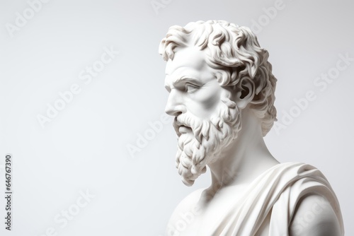 White greek statue of Demosthenes on white background with copy space.