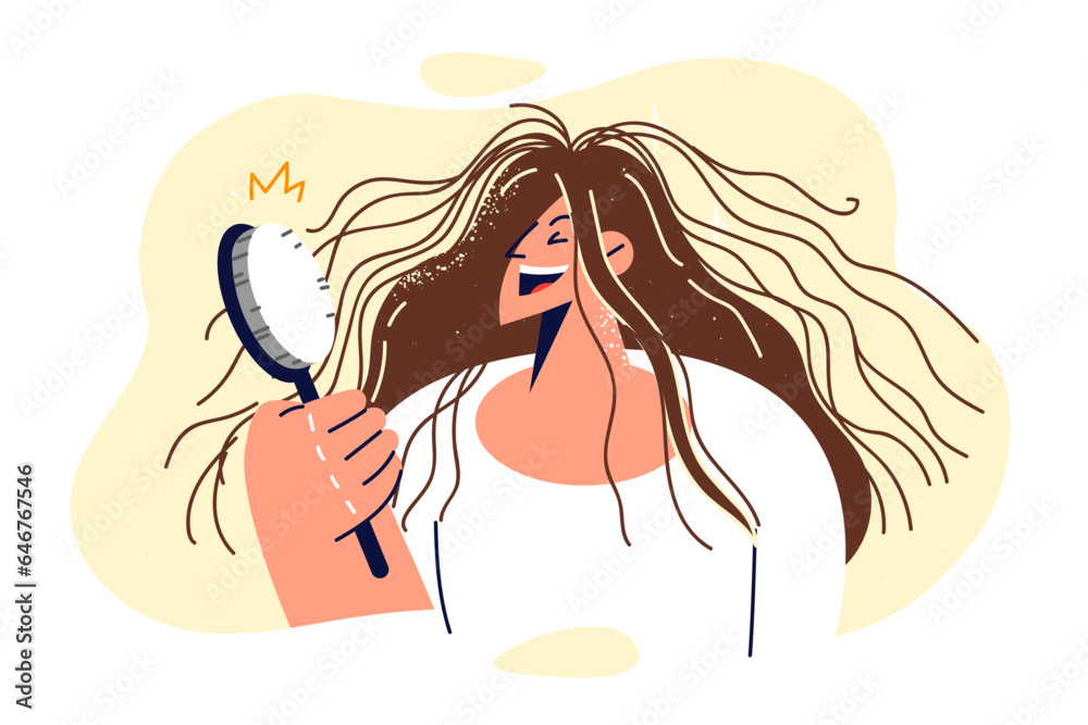 Shaggy woman is holding comb and laughing, seeing electrified hair sticking out in directions - obrazy, fototapety, plakaty 