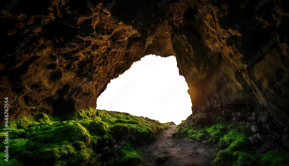 panoramic view of a stone cave entrance. Hollow cavity grotto tunnel. 