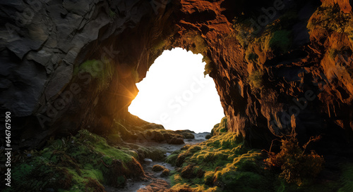 transparent PNG entrance of a cave. moss walls. Hollow cavity grotto tunnel. 