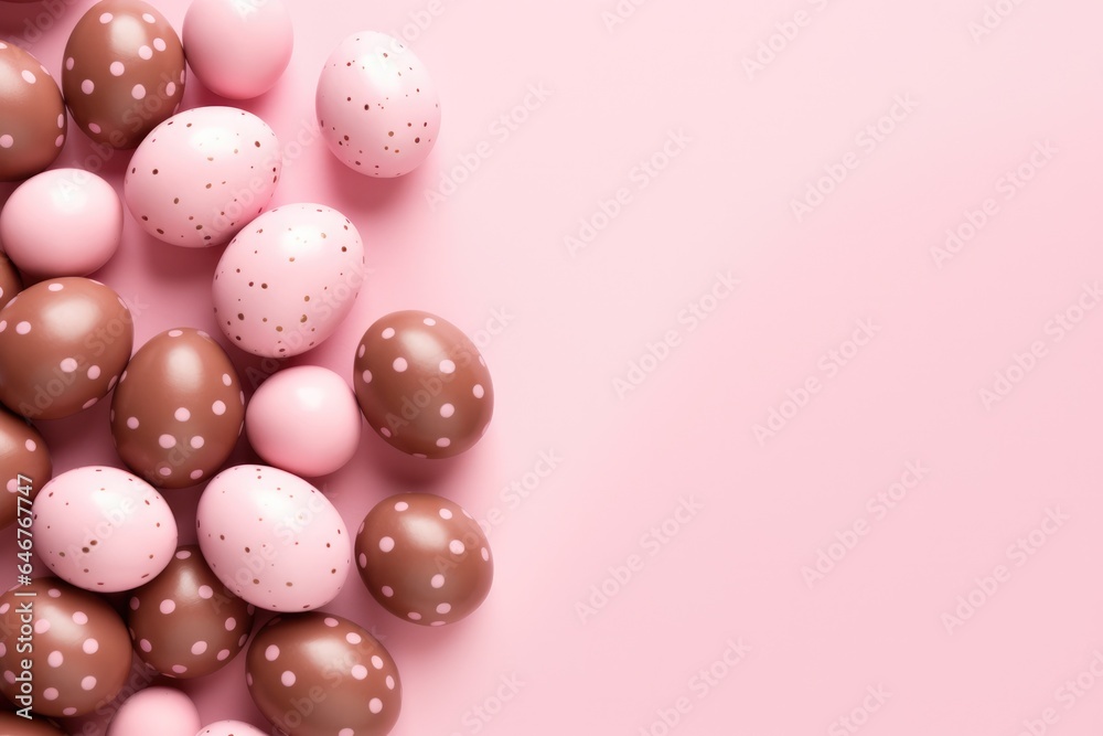 A colorful stack of chocolate eggs on a vibrant pink background