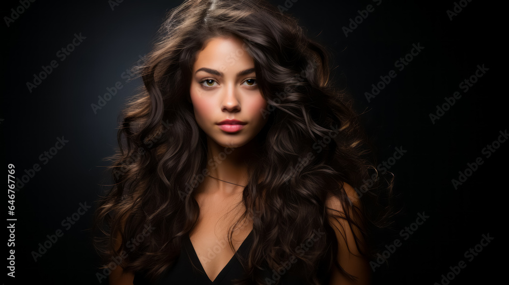 Beautiful young woman with blowing wavy long brunette hair on black background. Hair Style, hair care