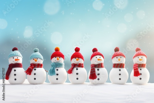 A row of snowmen wearing hats and scarves in a snowy landscape