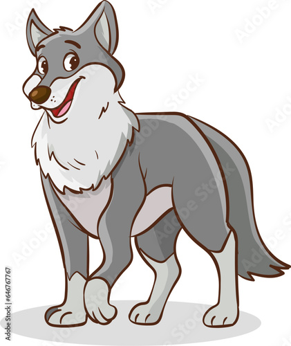 Illustration of a wolf standing on isolated white background done in cartoon style.