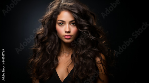 Beautiful young woman with blowing wavy long brunette hair on black background. Hair Style, hair care