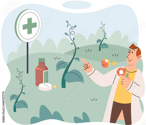 Herbal medicine and homeopathy healthcare and health treatment. Man homeopathic scientist growing plants, medicinal herbs and flowers, uses natural ingredients. Organic cure and aromatherapy