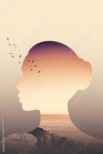 Double exposure portrait of a woman with birds