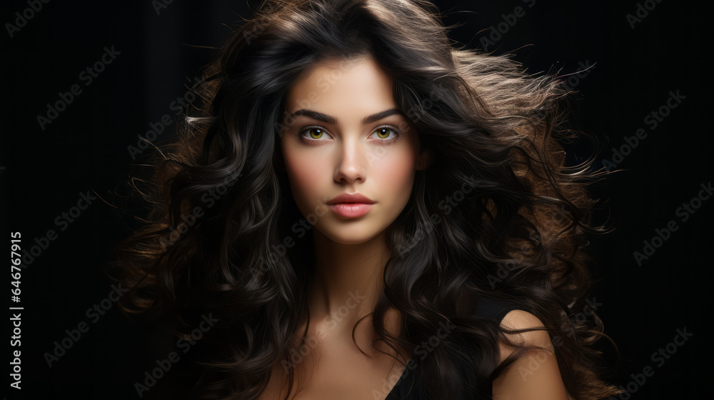 Fototapeta premium Beautiful young woman with blowing wavy long brunette hair on black background. Hair Style, hair care