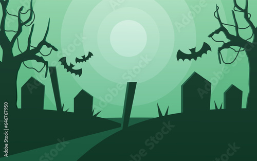 cemetery halloween background view with tombstones and bats