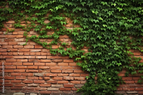 Ivy adorning aged wall. Rustic elegance. Green leaf on weathered brick. Botanical beauty. Nature touch on vintage architecture © Bussakon