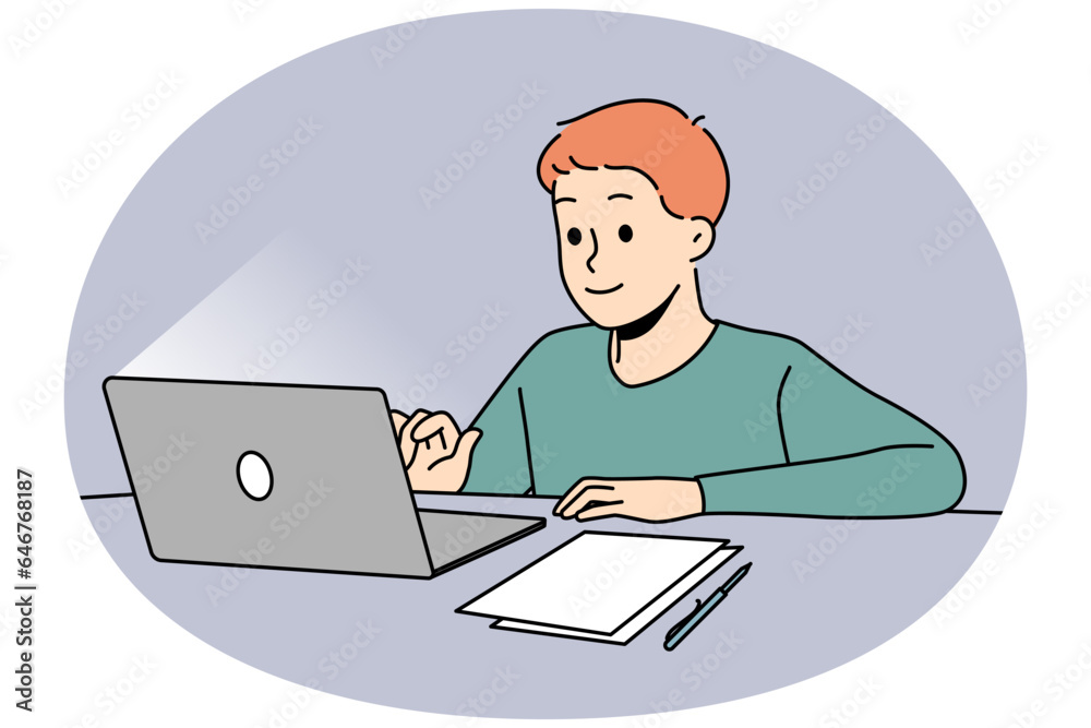 Happy boy child sit at desk studying online on computer. Smiling kid use laptop having remote class at home. Distant education. Vector illustration. Happy boy child sit at desk studying online on computer. Smiling kid use laptop having remote class at home. Distant education. Vector illustration.