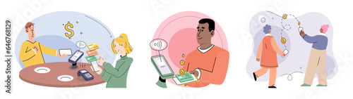 Cashless payment. Vector illustration. Cashless payments help streamline payment process and reduce waiting times Mobile wallets are protected by security features like fingerprint or facial