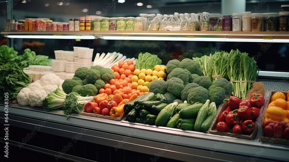 Supermarket shelves with vegetables