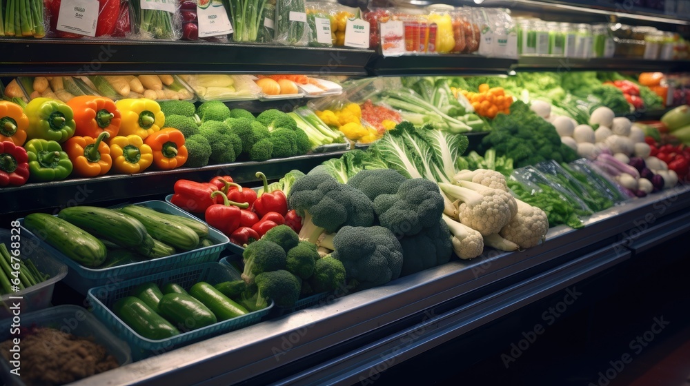 Supermarket shelves with vegetables