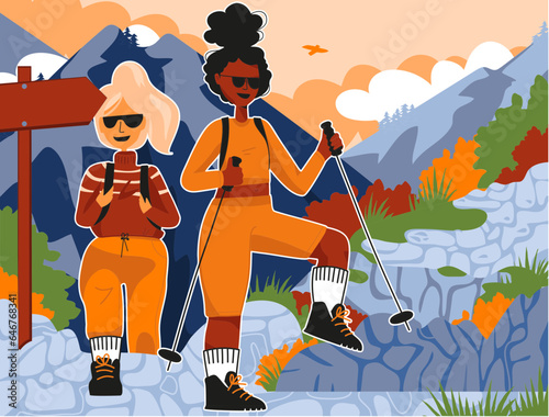 Couple de femme en randonnée en montagne avec des bâtons de marche, concept balade automne dans la nature