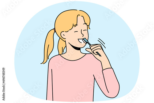 Smiling girl brushing teeth take care of oral hygiene. Happy child morning daily routine clean tooth. Healthcare and childcare. Vector illustration.