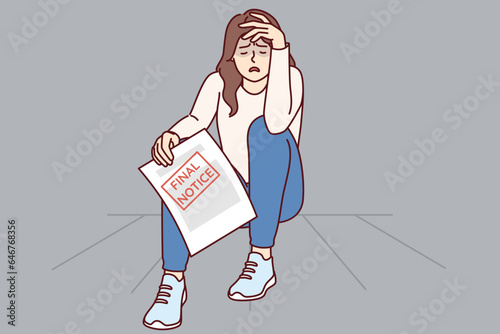 Frustrated woman holding bank document with inscription final notice and crying, sitting on floor. Girl lost house due to not being able to pay bills during financial crisis or recession.