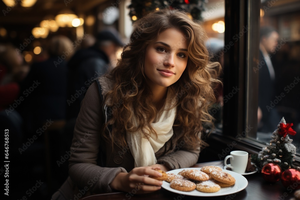 A woman eats Christmas cookies with coffee in a cafe