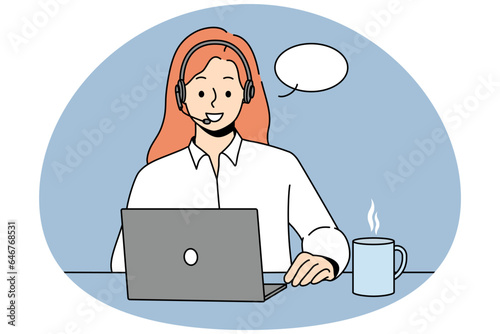 Smiling woman in headset sit ta desk talk on video call on computer. Happy female call center agent have online conversation on laptop. Vector illustration.