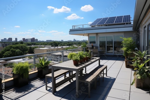 Office Building Rooftop With Solar Panel, Generative AI