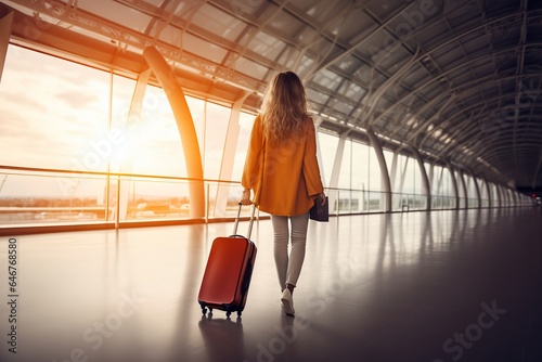 woman with luggage at airport, tourist at airport