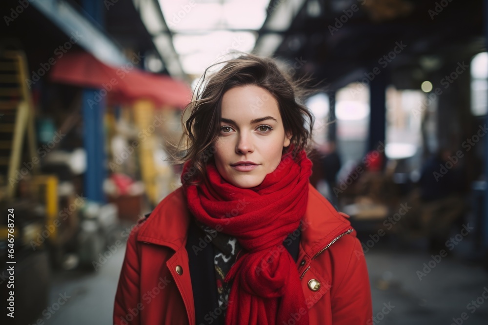 a woman in a red jacket and scarf walking around the city