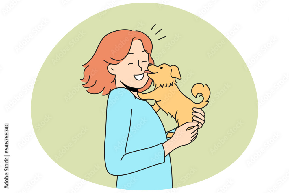 Happy young woman with cute dog in hands. Funny puppy lick smiling female owner show love and affection. Domestic animals. Vector illustration. Happy young woman with cute dog in hands. Funny puppy lick smiling female owner show love and affection. Domestic animals. Vector illustration.