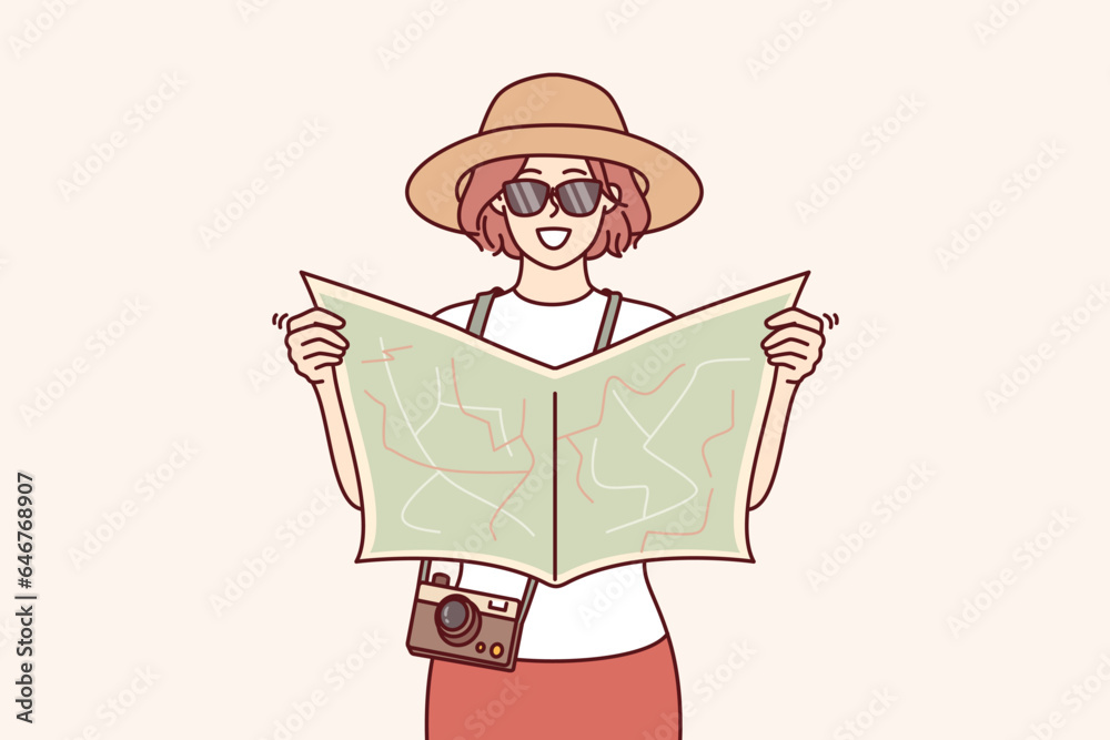 Woman tourist uses paper map to navigate and find popular attractions or directions to hotel. Young girl tourist in hat and sunglasses travels around world exploring new cities and countries