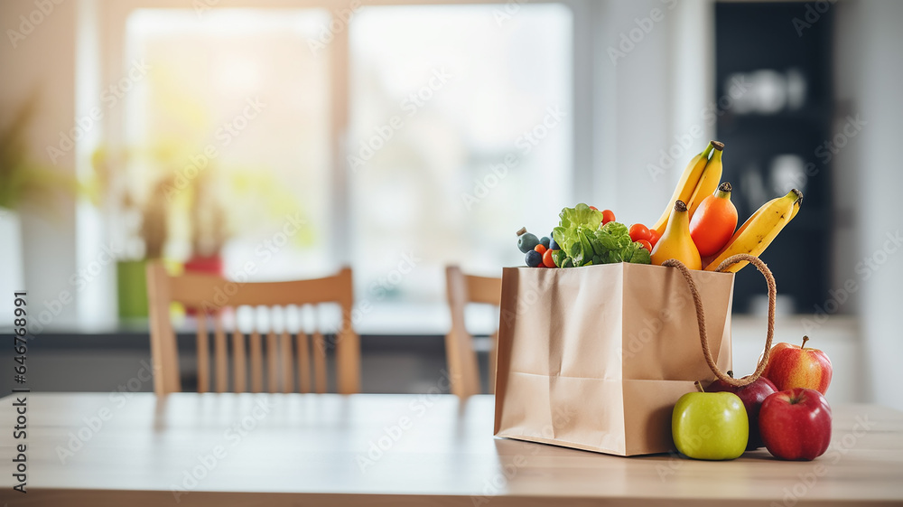 fresh vegetables and fruits in a modern kitchen in a shopping bag - obrazy, fototapety, plakaty 