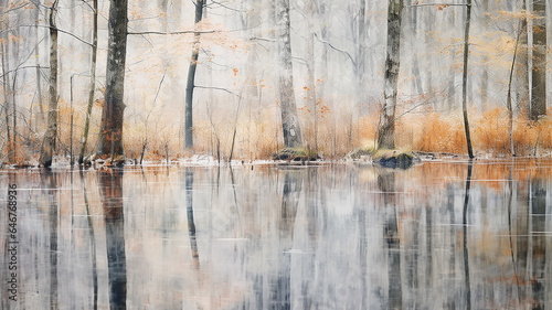 watercolor autumn gray forest with reflection in water, calm background landscape soft color